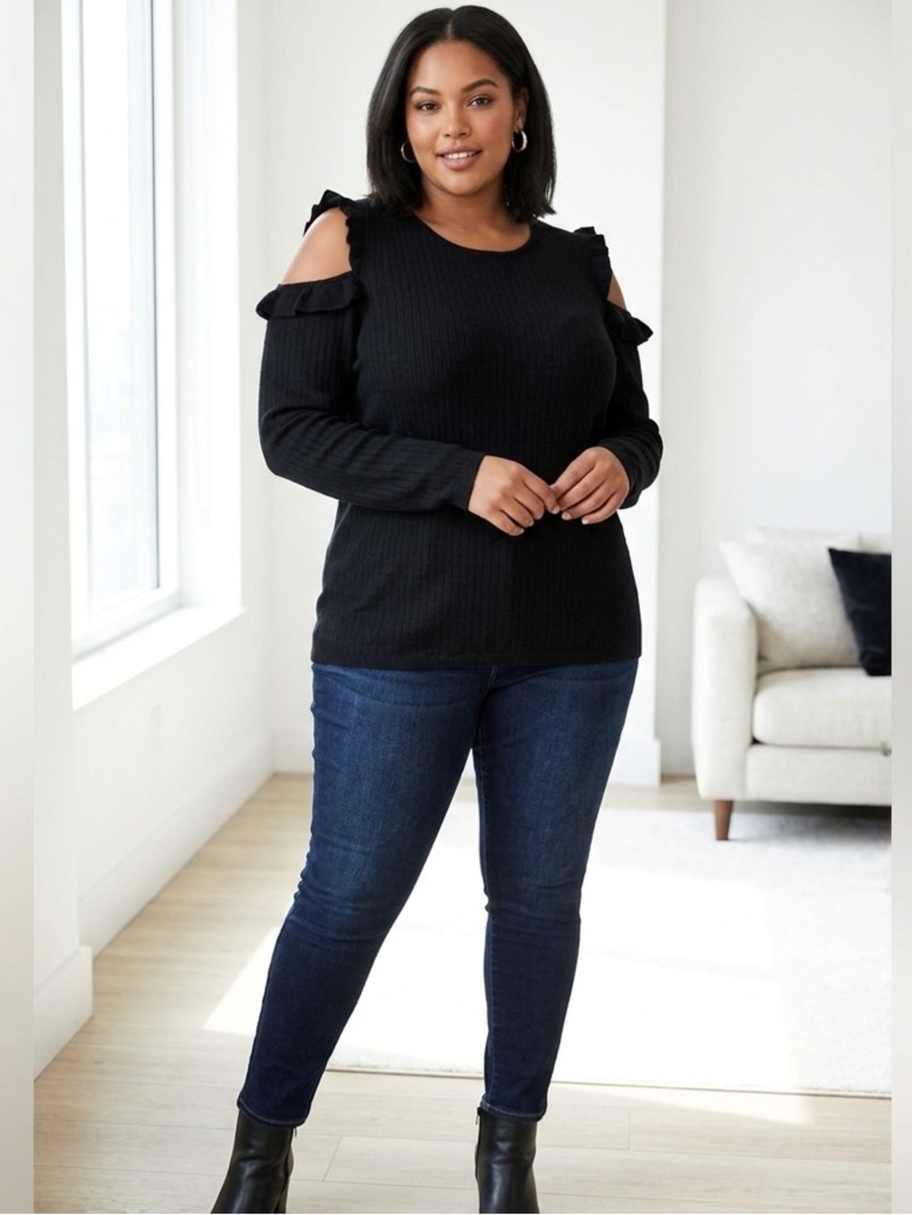Gilli‎ Black Ribbed Cold-Shoulder Ruffle Sleeve Top